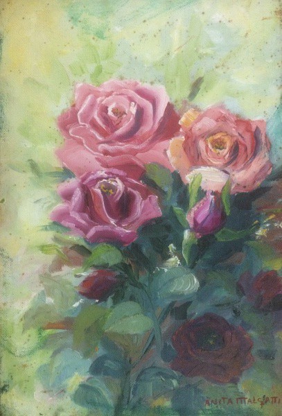 AM002, ANITA MALFATTI, óleo sobre tela, representando vaso com flores, medindo 20 x 30 cm. Sem moldu