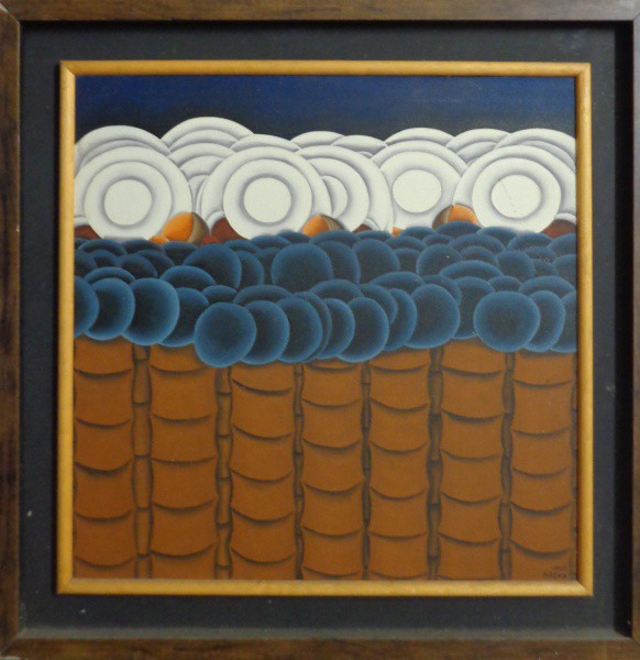 AM002, JOSÉ SABOIA, óleo sobre tela, representando trabalhadores rurais, medindo 50 x 50 cm.