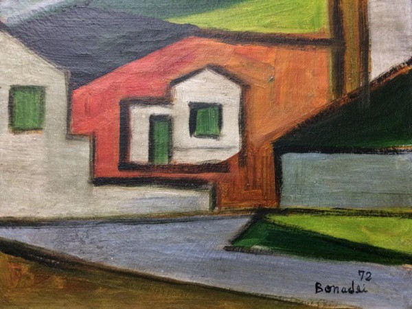 AM002, BONADEI, óleo sobre tela, representando casario, medindo 35 x 27 cm. Sem moldura.