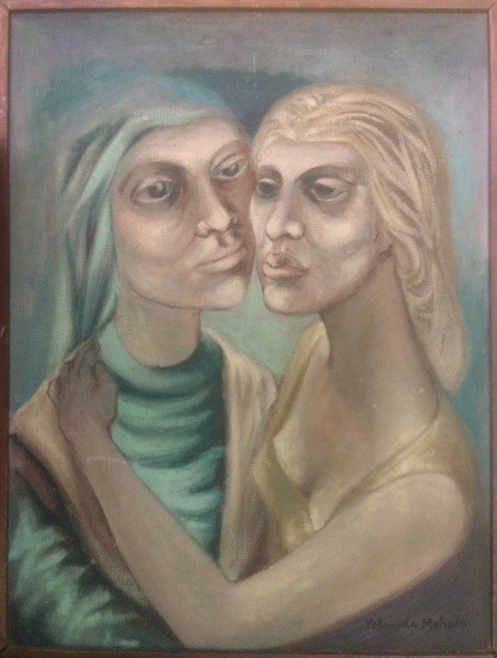 AM001, YOLANDA MOHALYI, óleo sobre placa, representando figuras, medindo 41 x 55 cm.
