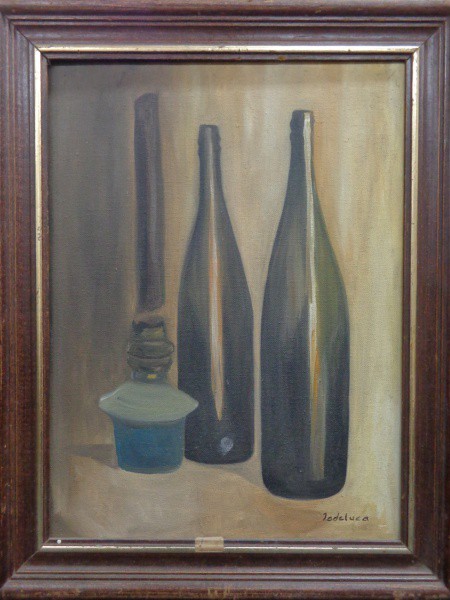 AM000, IODELUCA, óleo sobre tela, representando objetos, medindo 29 x 39 cm.