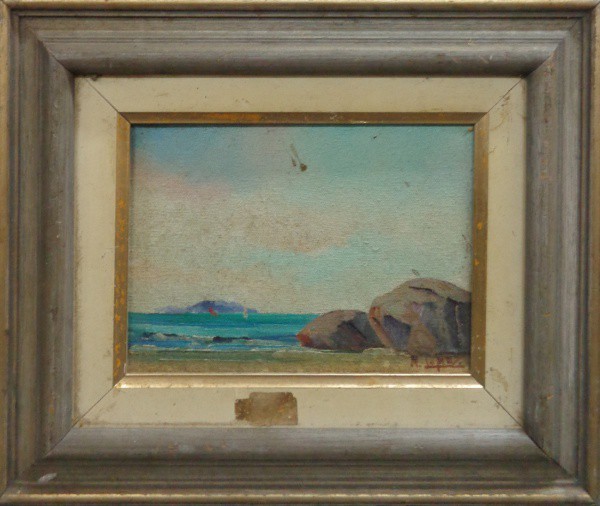 AM000, M. LOPEZ, óleo sobre tela, representando marinha, medindo 19 x 14 cm.