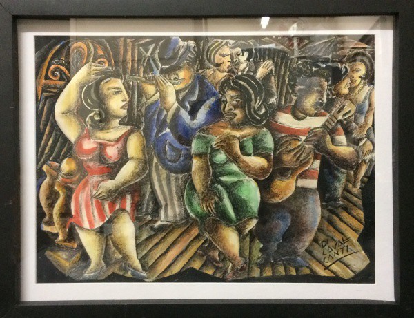 AM011, E. DI CAVALCANTI, técnica mista sobre cartão, representando interior com figuras, medindo 42
