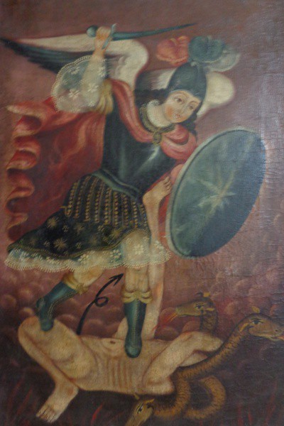 AM002, CUSQUENHO, óleo sobre tela, "São Miguel", medindo 51 x 77 cm. Sem moldura.