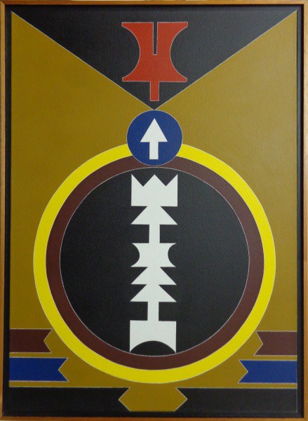 AM002, RUBEM VALENTIM, acrílica sobre tela, "Emblema", medindo 50 x 70 cm.