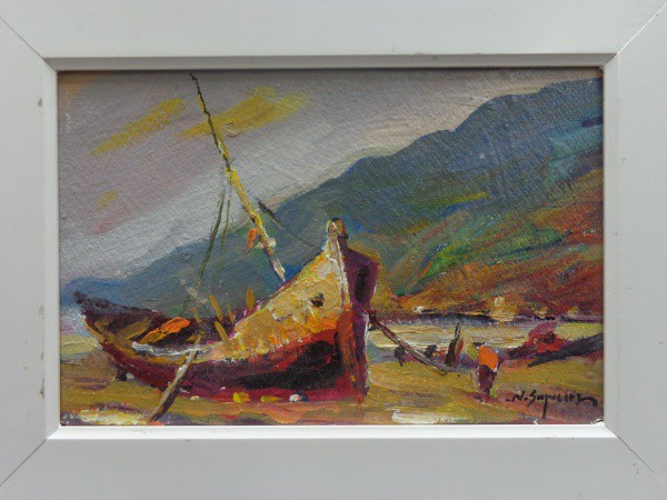 AM028, NILO SIQUEIRA, óleo sobre placa, representando marinha, medindo 29 x 19 cm.