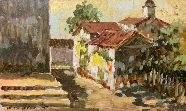 AM052, HEITOR DE PINHO, óleo sobre placa, representando casario, medindo 24 x 14 cm. Sem moldura.
