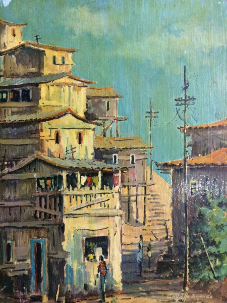 AM052, CASTELLO BRANCO, óleo sobre placa, representando casario com figuras, medindo 20 x 27 cm. Sem
