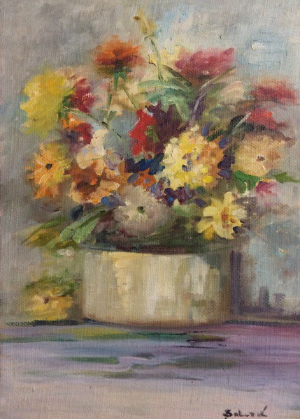 AM071, SALOMÉ, óleo sobre tela, representando vaso com flores, medindo 33 x 46 cm. Sem moldura.