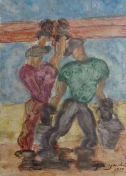 AM002, E. P. SIGAUD, óleo sobre placa, representando operários, medindo 16 x 22 cm. Sem moldura.
