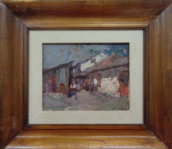 AM011, A. VOLPI, óleo sobre tela colada em madeira, representando casario, medindo 23 x 18 cm.