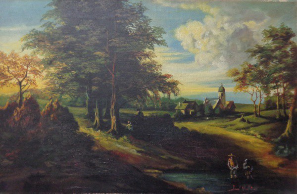 AM002, JOSÉ MALHÔA, óleo sobre tela, representando paisagem com figuras, medindo 70 x 45 cm. Sem mol