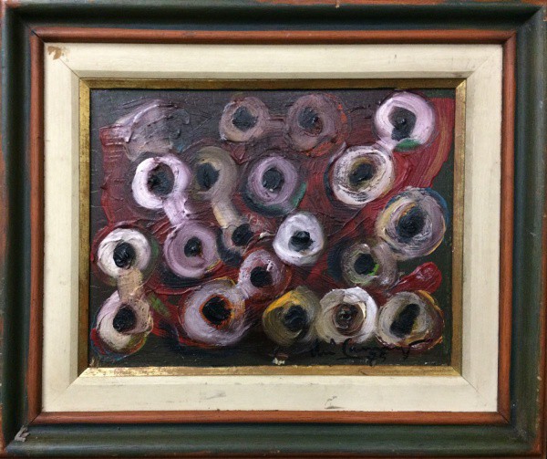 AM002, IBERÊ CAMARGO, óleo sobre madeira, "Carreteis", medindo 33 x 25 cm.