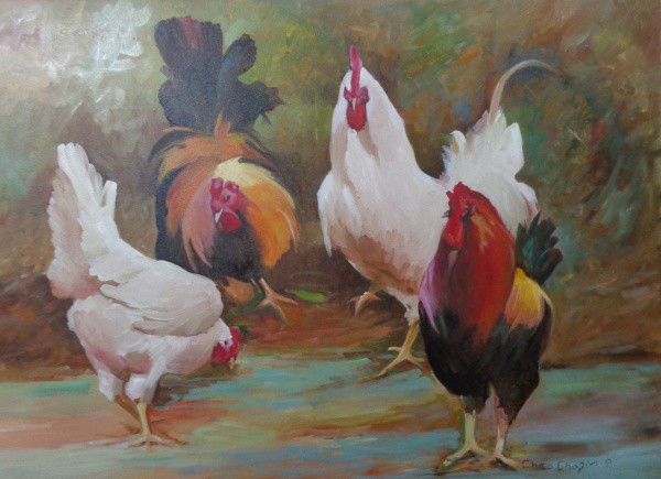 AM044, CHICO CHAGAS, óleo sobre tela, representando aves, medindo 100 x 70 cm. Sem moldura.