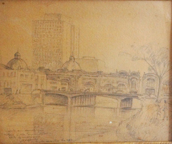 I. BORGHESE. Igreja de São Sebastião - desenho a aquarelado - 21 x 25 cm - assinado e datado 1960 no
