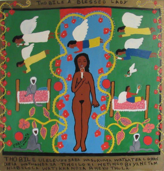 Fortunate Dlamini, Blessed Lady, Acrílica s/ madeira, 60 x 60 cm, ass. inferior esquerdo, dat. 2001.