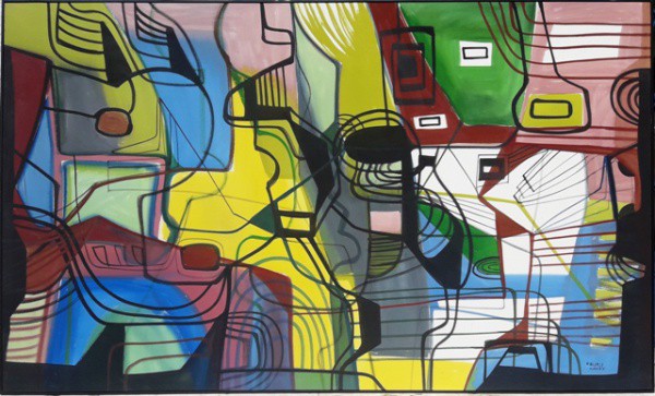 GRANDE OBRA DE ROBERTO BURLE MARX,  GEOMÉTRICO, PANNOUX, TINTA ACRÍLICA SOBRE TECIDO.  150 X 250 cm.