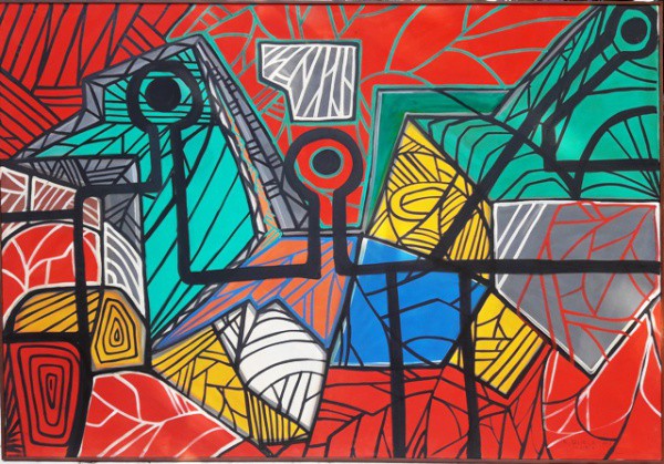 ROBERTO BURLE MARX, ACID. 1986, GEOMÉTRICO, PANNOUX, TINTA ACRÍLICA SOBRE TECIDO. 124 X 180 cm. OBRA
