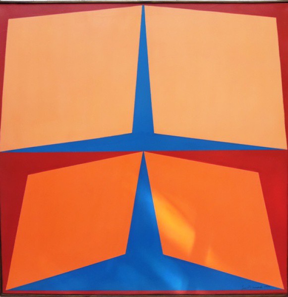 JUDITH  LAUAND, GEOMÉTRICO, ÓLEO SOBRE TELA, ASSINADO FRENTE E VERSO.  80 X 80 cm.