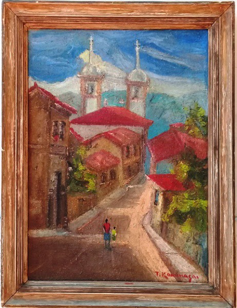 T. KAMINAGAI, ÓLEO SOBRE TELA, CASARIO.  60 X 85 cm.