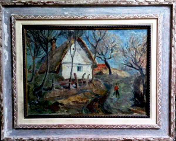 T. KAMINAGAI, ÓLEO SOBRE TELA, CASARÍO AS MARGENS DO RIO. 50 X 70 cm.