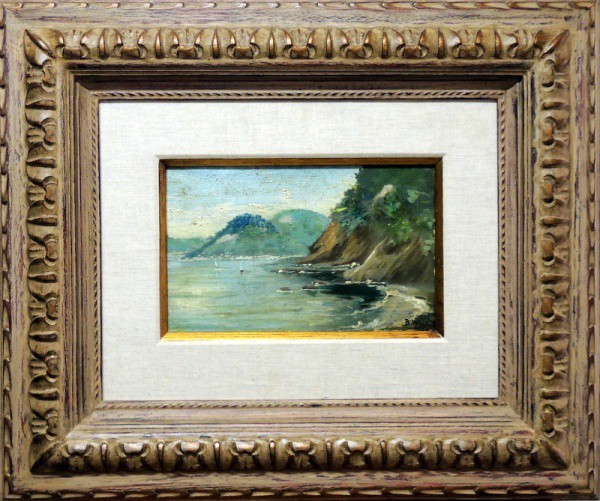 Benedito Calixto, Marinha com Barcos e Praia - óleo sobre madeira - med. 18 x 29 cm