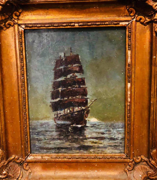 Virgílio Lopes Rodrigues - Caravela - Óleo sobre madeira (Tampa de caixa de charuto). Obra med. 21x1