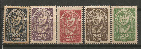 Filatelia : Selos (5 ) Áustria , Alegoria Republica, cerca de 1919. MBC
