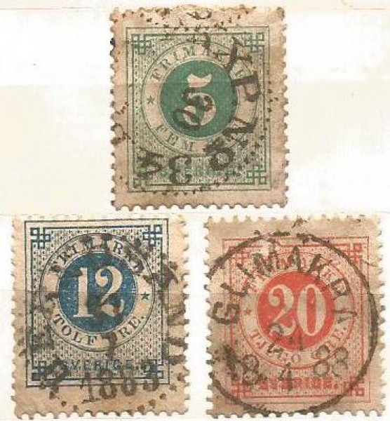 Filatelia : Selo Clássico Suécia,1877. Carimbos nítidos. MBC