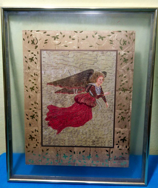 Quadro com sanduíche de vidro. Ilustração de anjo. 43 X 36