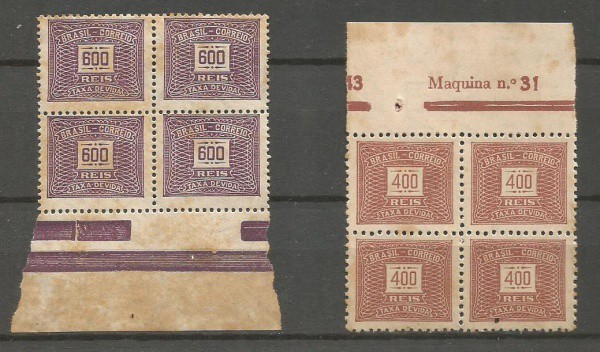 Filatelia : Quadras (2) de selos Taxas Devidas 400 e 600 Reis. MBC