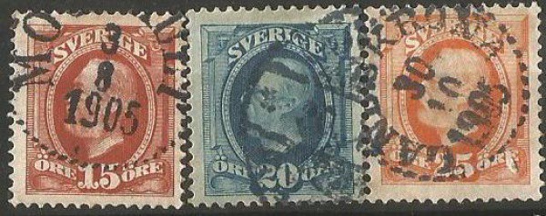 Filatelia : Selos (3) Clássico Suécia .  Carimbos nítido datados de 1905. MBC