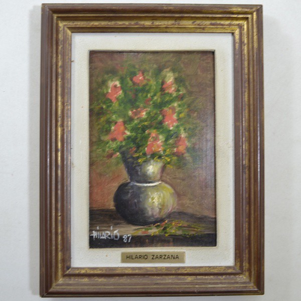 HILÁRIO ZARZANA - "Vaso de Flores" - Gravura Sobre Eucatex. Moldura em Madeira Patinada em D