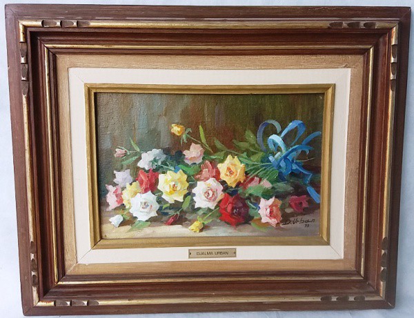 D. urban - Rosas, Óleo sobre placa, ACID, circa 93, medida total com moldura, aprox. 40 x 50 cm