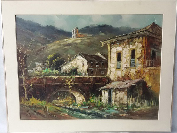 Assinatura ilegivel - Paisagem com casario e moinho, técnica mista, ACIE, circa 77, medida total com