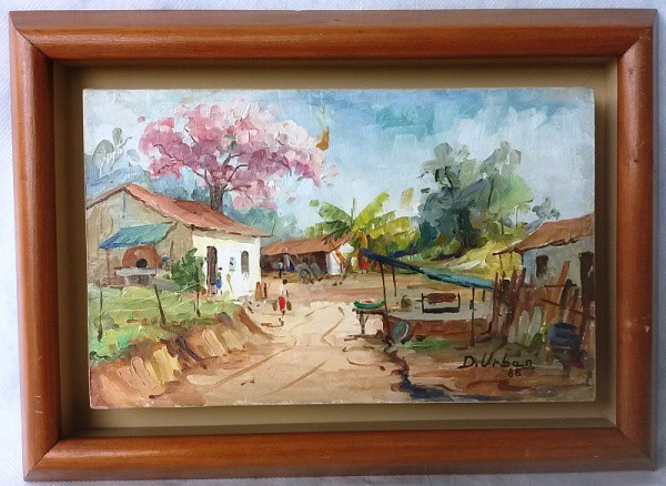 D. Urban - Paisagem com casario, Óleo sobre placa, ACID, circa 88, medida total com moldura, aprox.