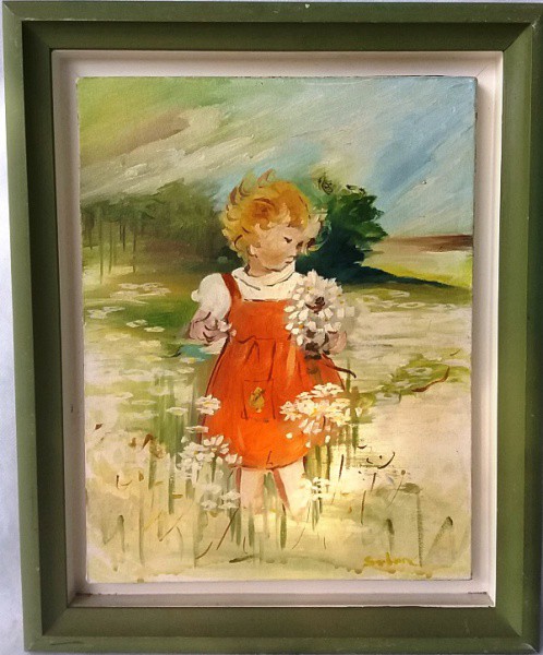 Salomé - Figura de menina com flores, Óleo sobre tela, ACID, medida total com moldura, aprox. 45 x 3