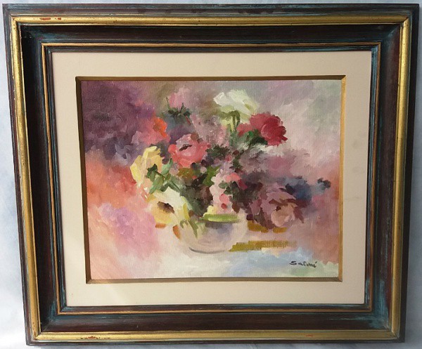Salomé - Vaso com arranjo floral, ACID, medida total com moldura, aprox. 67 x 77 cm