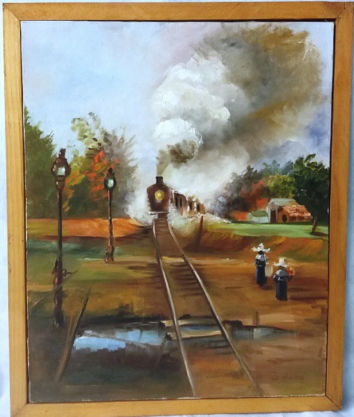 Salomé - Paisagem com maria fumaça, Óleo sobre tela, medida total com moldura, aprox. 56 x 45 cm