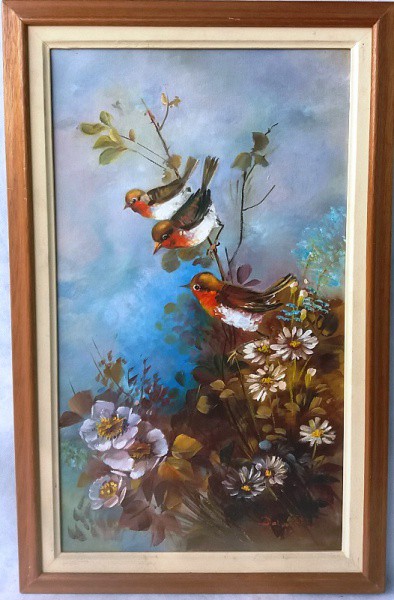 Salomé - Flores e pássaros, Óleo sobre tela, ACID, medida total com moldura, aprox. 58 x 37 cm