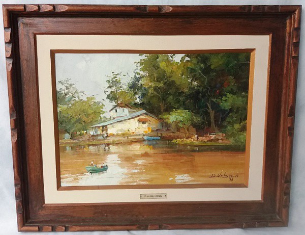 D. Urban - Paisagem com lago e casario, Tecnica mista, ACID, circa 90, medida total com moldura, apr