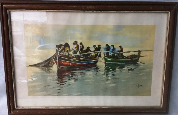 Yerler - estampa emoldurada com barcos e pescadores, ACID, medida total com moldura, aprox. 42 x 60