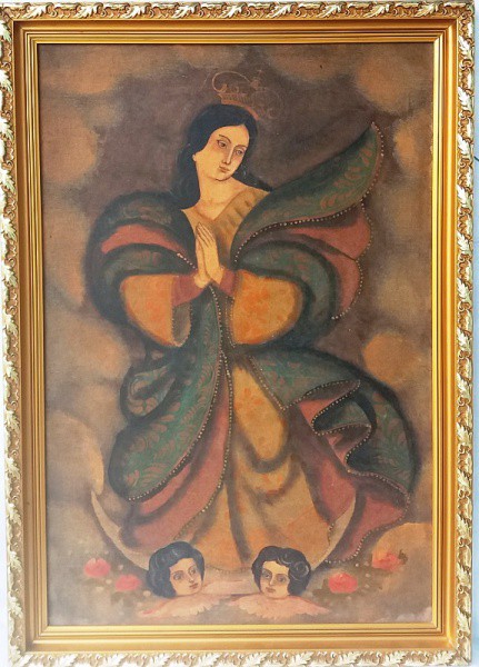 Sem assinatura - Pintura em placa de madeira ao estilo Cuzquenho com imagem de Santa, medida total c