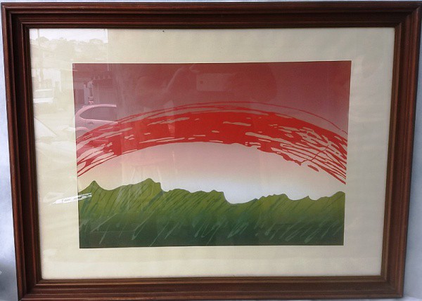 Sem assinatura - Gravura emoldurada com paisagem abstrata, medida total com moldura, aprox. 59 x 79