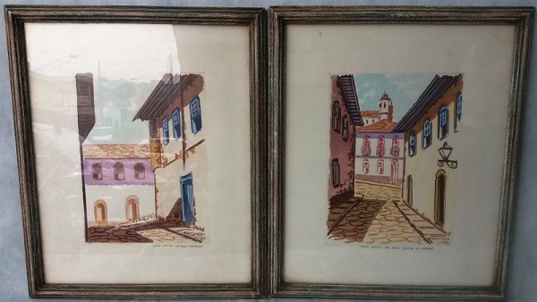 M. Hollender - Pendant `Velhos solares e Igreja do Carmo - Ouro preto` desenhos aquarelados, cada pe