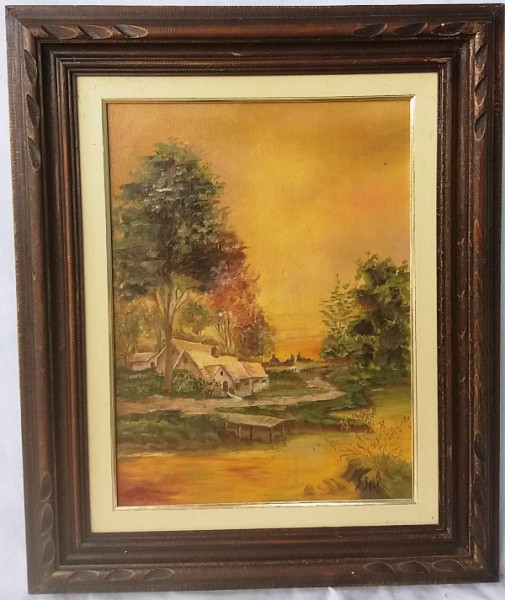 S. Saab - Paisagem com casario, Óleo sobre tela, ACID, medida total com moldura, aprox. 57 x 48 cm
