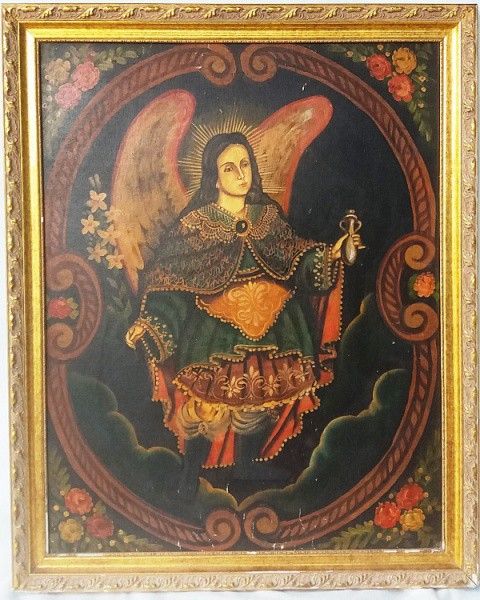 Sem assinatura - Pintura em placa de madeira ao estilo Cuzquenho com imagem São Miguel, medida total