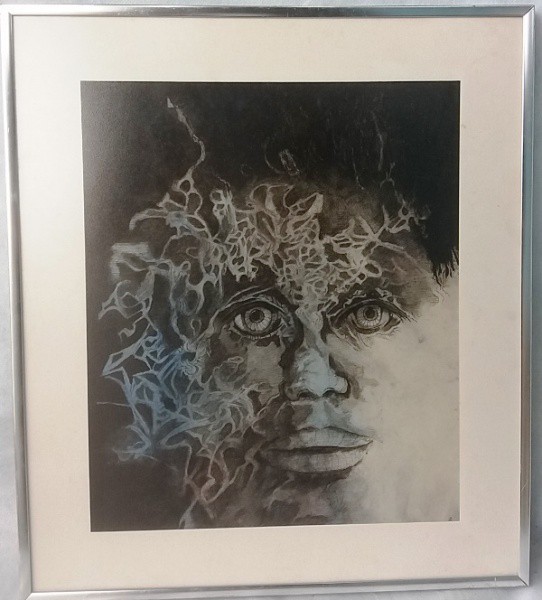 Estampa emoldurada com imagem de rosto, medida total com moldura, aprox. 44 x 38 cm