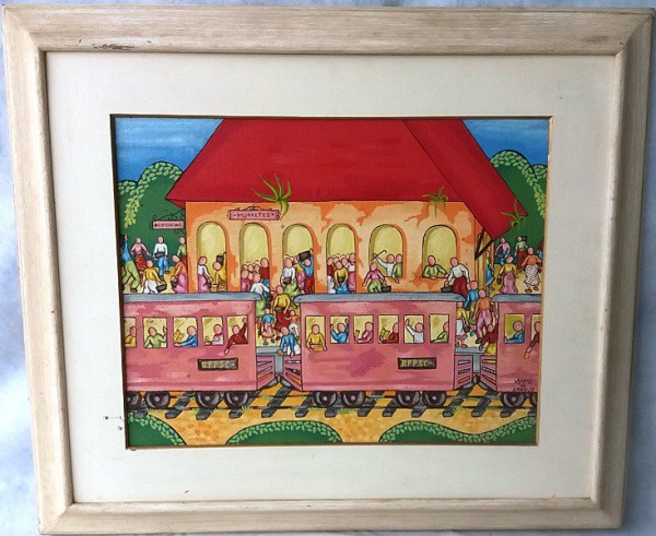 Mario de Araujo - Estação e trem, Óleo sobre placa, ACID, medida total com moldura, aprox. 62 x 72 c