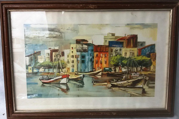 Yerler - estampa emoldurada com barcos e casas, ACIE, medida total com moldura, aprox. 42 x 60 cm